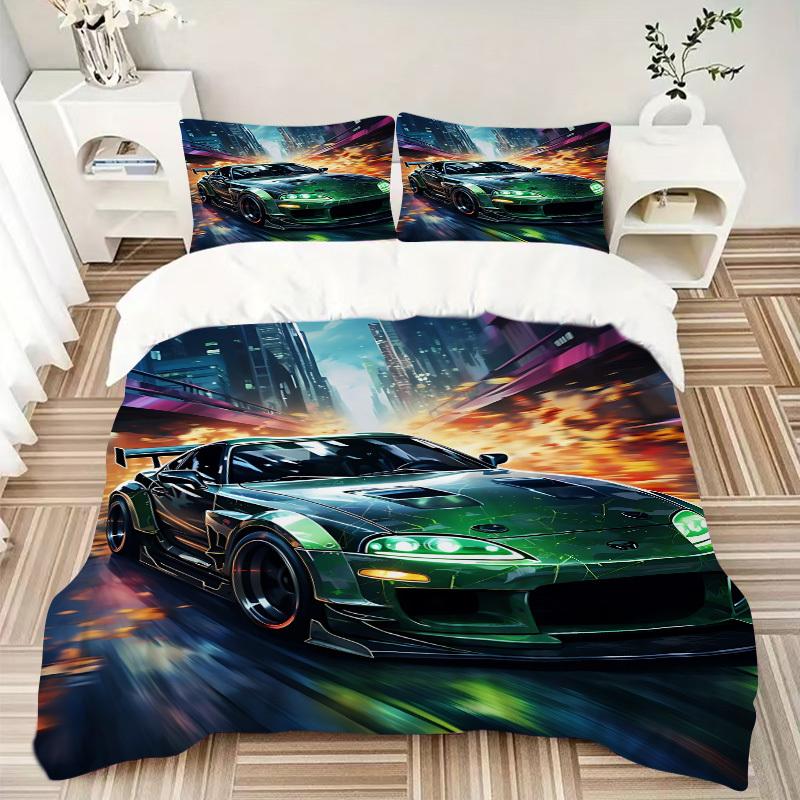 3pcs Green Sports Car Cover Set, 1 Cover + 2 Pillowcases (No Insert), Bedding for All Seasons, Bedding,Bedroom Decor Yy250922071