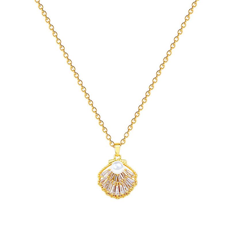 Empty Shell Pearl Full Diamond Light Luxury Temperament Gorgeous Full Diamond Necklace Women'S Versatile Clavicle Chain Titanium Steel