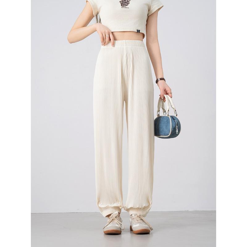 Summer ice silk pleated wide-leg pants new versatile loose and thin nine-point tied feet sports casual pants children