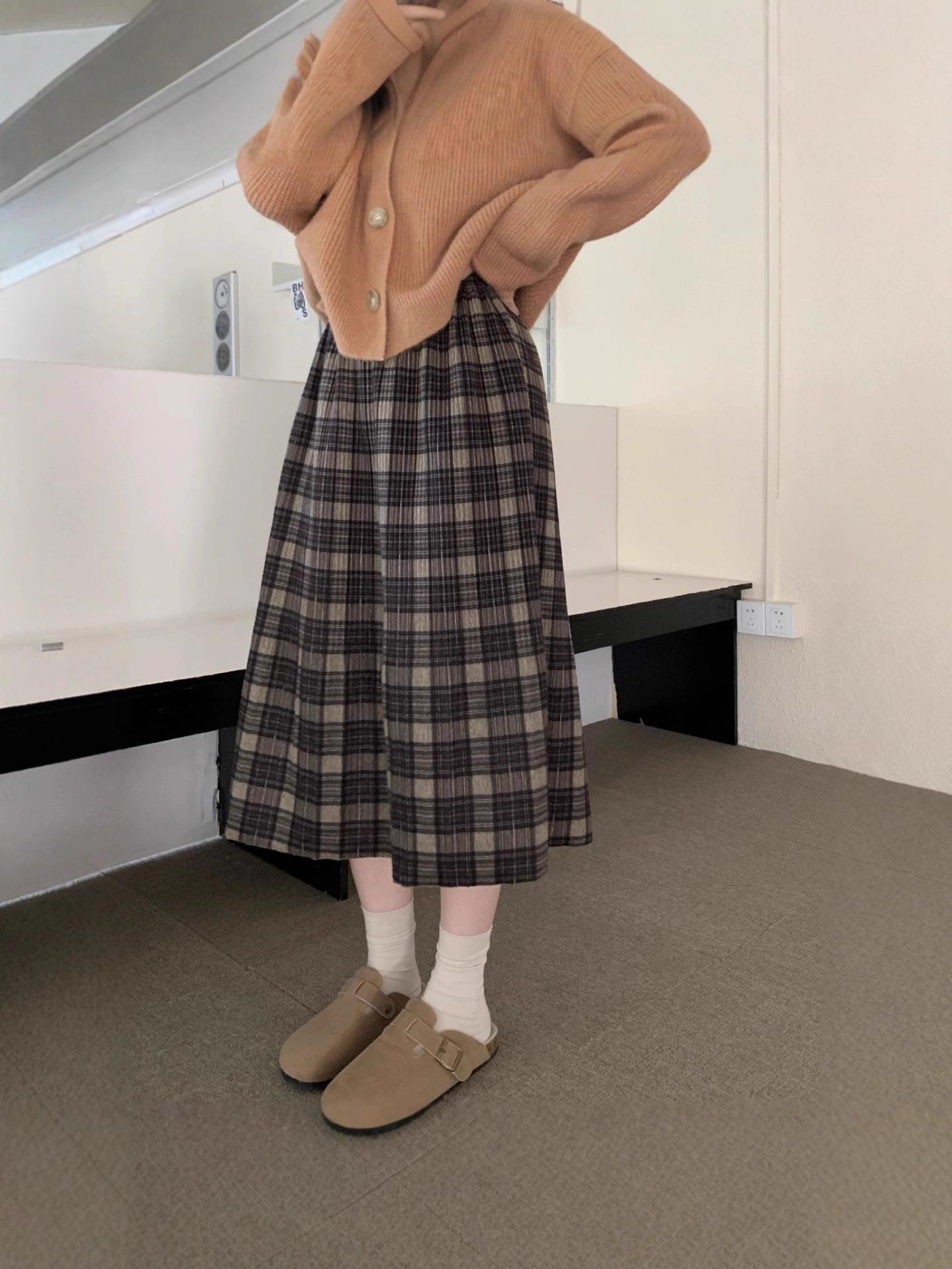 Real Shot 2025 Autumn Thick Wool Plaid A-line Midi Skirt One Size