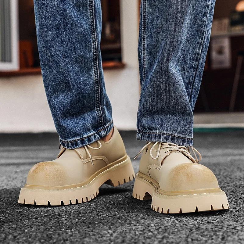 Hight Quality  New British Street Style Mixed Leather Shoes For Men's  Black White  Dress Height Increasing Shoes