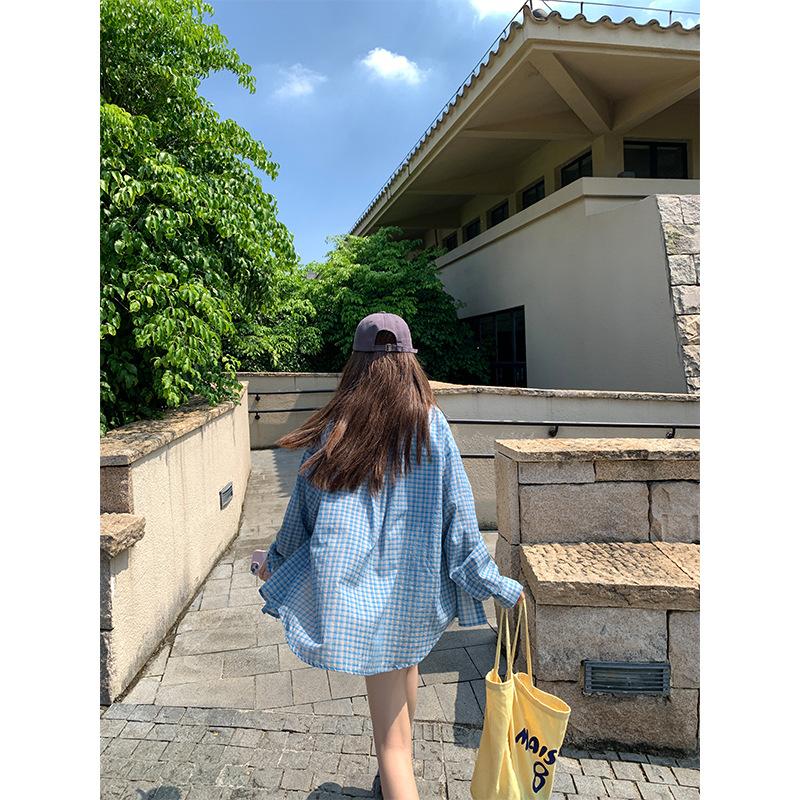 Lazy Wind Casual Blue Plaid Shirt Women's Early Autumn New Loose and Versatile Long-sleeved Sunscreen Jacket Top