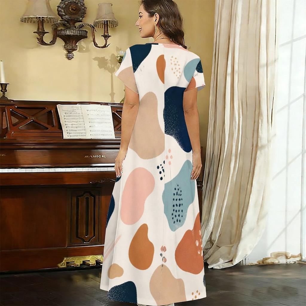 Women Plus Size V Neck Short Sleeve Abstract Printed Straight Maxi Dress