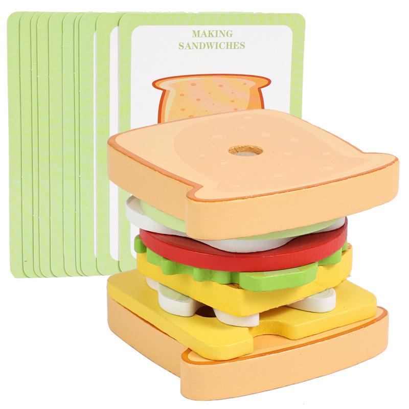 Children s Wooden Hamburger and Sandwich Role-Playing Kitchen Set: Educational Food Recognition Toy