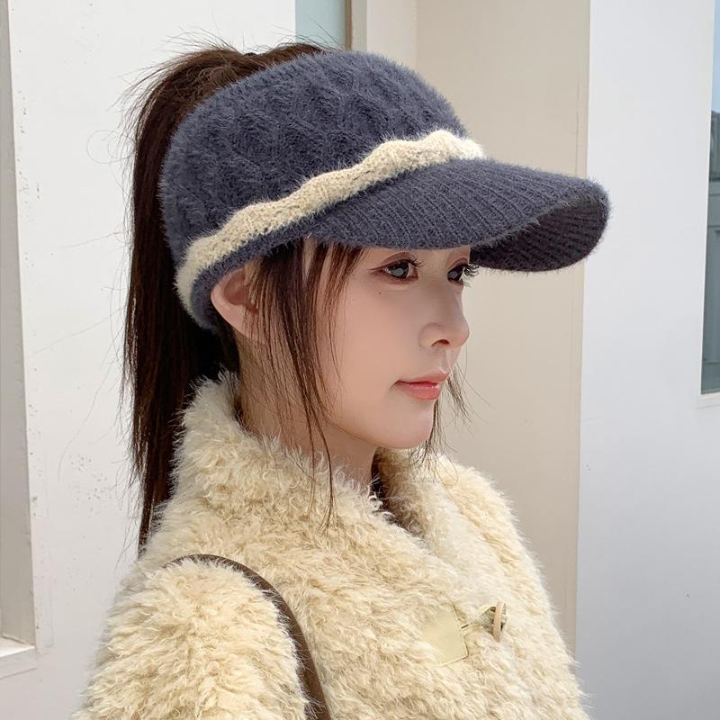 Winter Rhombus Knitted Empty Top Hat Simple Wool Hat Versatile Warm Ponytail Hat Big Head Circumference Women