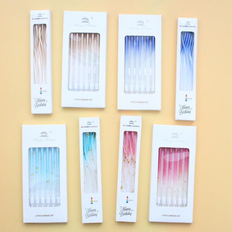 Birthday Gradient Champagne Curve 6 Candles Boxed Pencil Straight Powder Blue Baking Cake Decoration
