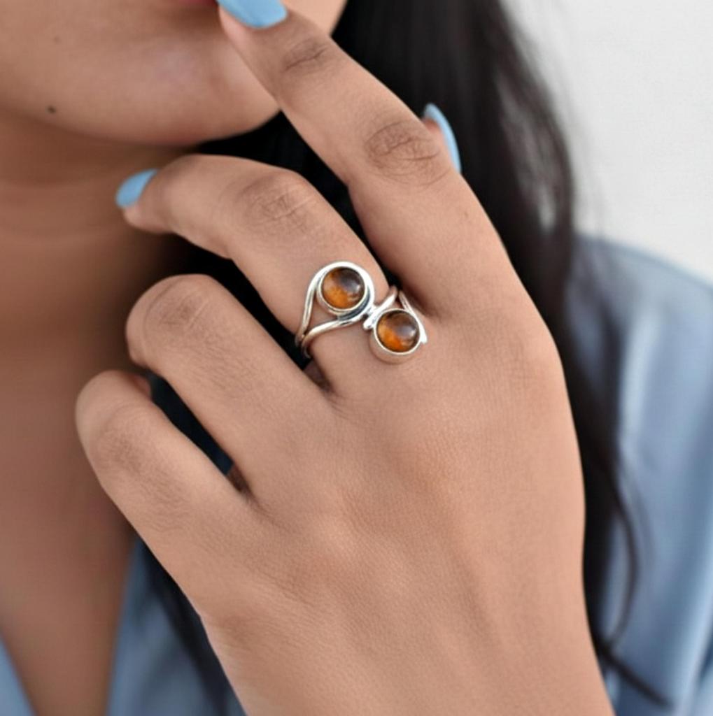 925 Sterling Silver Tiger's Eye Ring, Two Stone Bypass Design Jewelry, Gift for Her