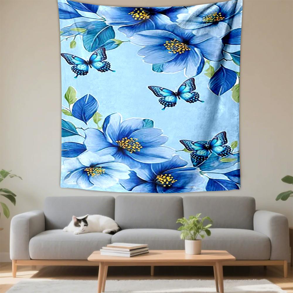 Blue Flowers and Butterflies Patterned tapestry for bedroom and living room home decor
