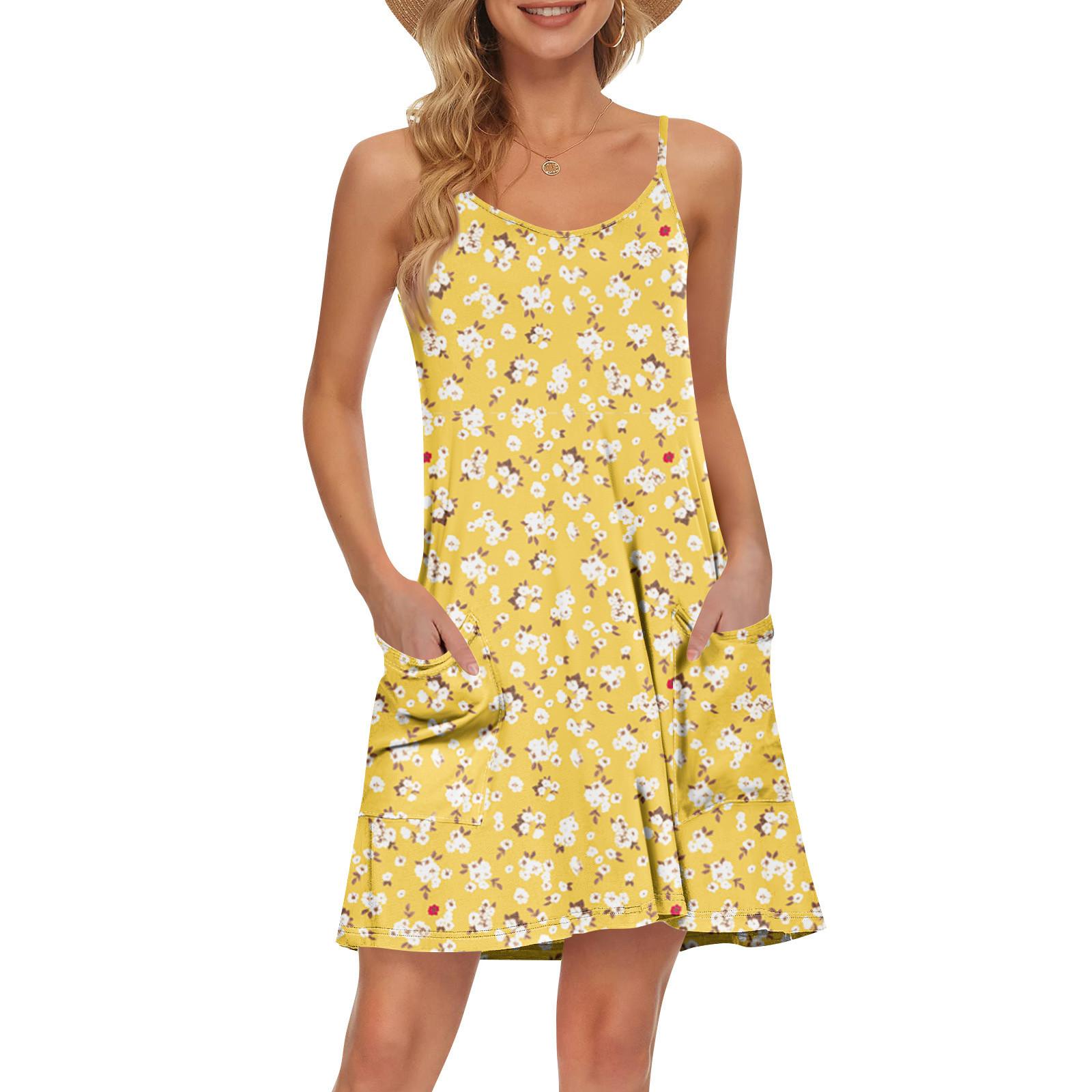 

Женский летний повседневный сарафан на бретелях с карманами, короткие пляжные платья-майки для отпуска XXL жёлтый