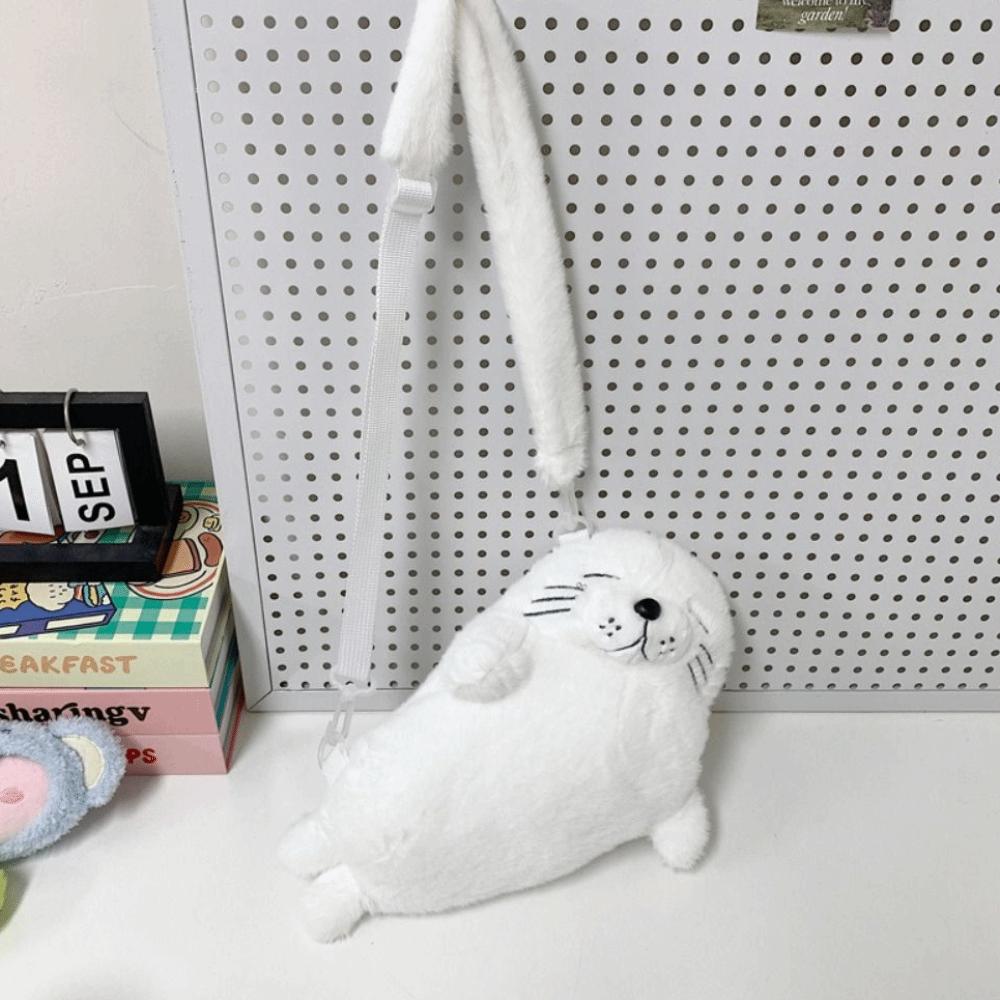 Soft Fluffy Cute Seal Shoulder Bag Lightweight Adjustable Straps Crossbody Bag Cartoon Fabric Handbag Women's Accessories