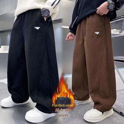 Winter 2026 Boys' Fleece-Lined Wide-Leg Sweatpants for Middle & Big Kids - Straight Leg Sports Pants Great for Autumn & Winter