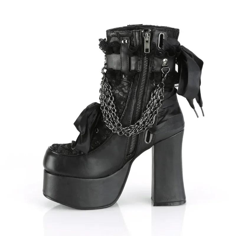 Fashion Bowknot Ankle Boots Women Gothic Vintage Round Parker Square Heel Platform Flat Boots Punk Ladies Party Shoes