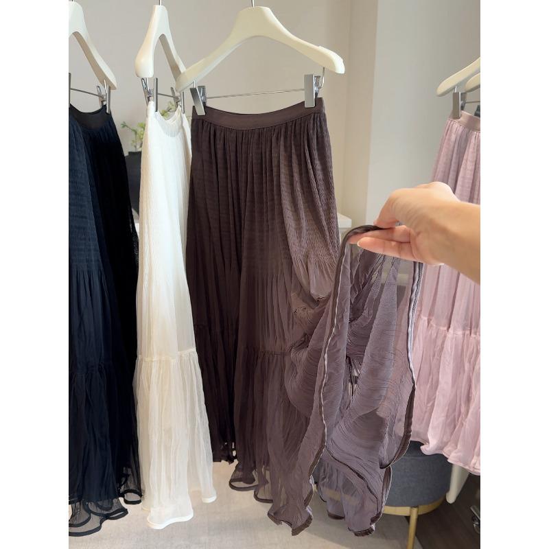 New high-end pleated mesh stitching A-shaped skirt women's autumn elastic waist solid color versatile medium and long fairy skirt