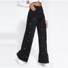 Jeans Women Pearls Wide Leg Pants High Waist Washed Distressed Tassels Spliced Pockets Vintage Denims 2025 Streetwear Trousers