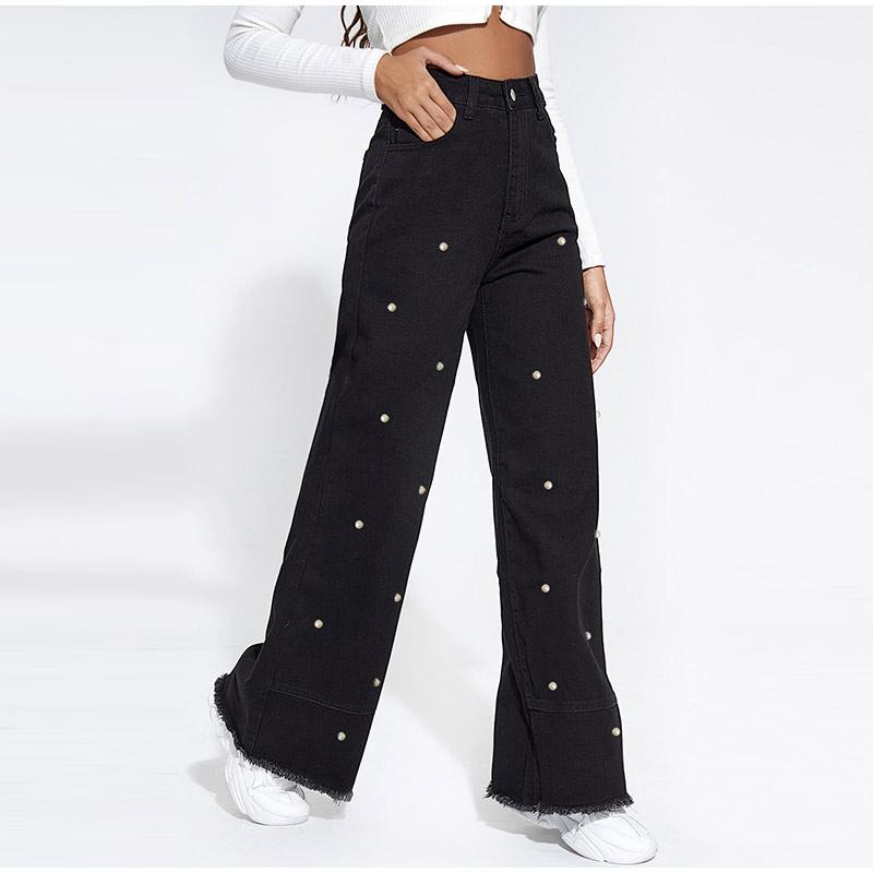 Jeans Women Pearls Wide Leg Pants High Waist Washed Distressed Tassels Spliced Pockets Vintage Denims 2025 Streetwear Trousers