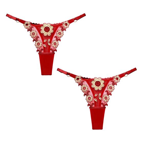 2 Pcs Women Thong Floral Embroidery See-through Lace Briefs Low Waist Hollow Out Elastic Wedding Night Bedroom Lady Underpants