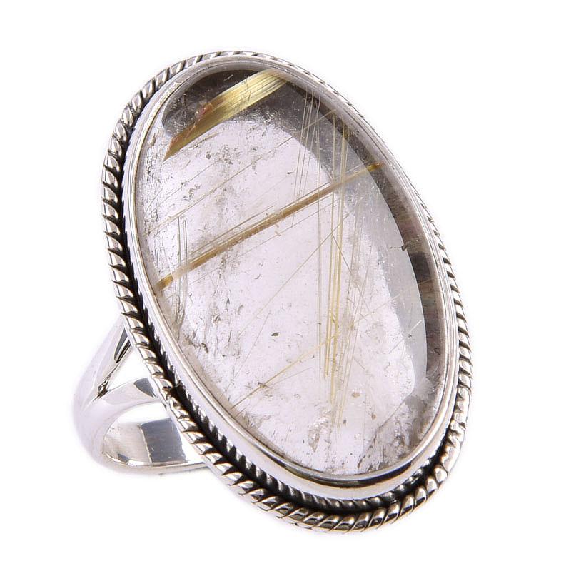 Natural Golden Rutile Gemstone 925 Solid Sterling Silver Jewelry Ring S.9 Q3j05