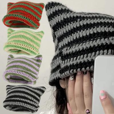 Cute Devil Horn Knitting Striped Beanie Hat Autumn Winter Knitted Wool Caps Girl Cat Ear Pointed Pullover Women Bonnet Hats