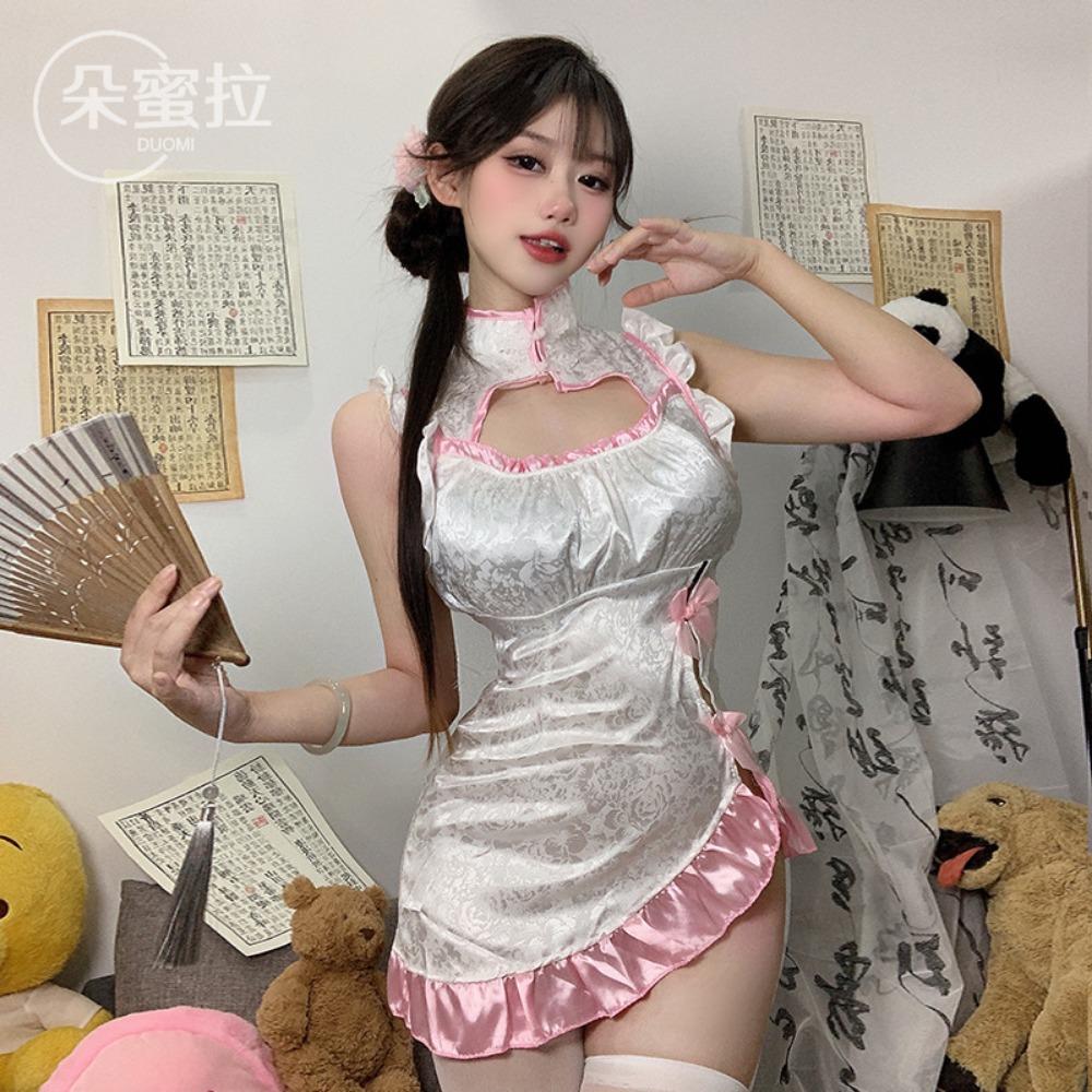 Sexy Underwear Sexy Hollow Stand-up Collar Antique Split Cheongsam Passion Pure Desire Charming Hanfu Nightdress Clothes Loungewear