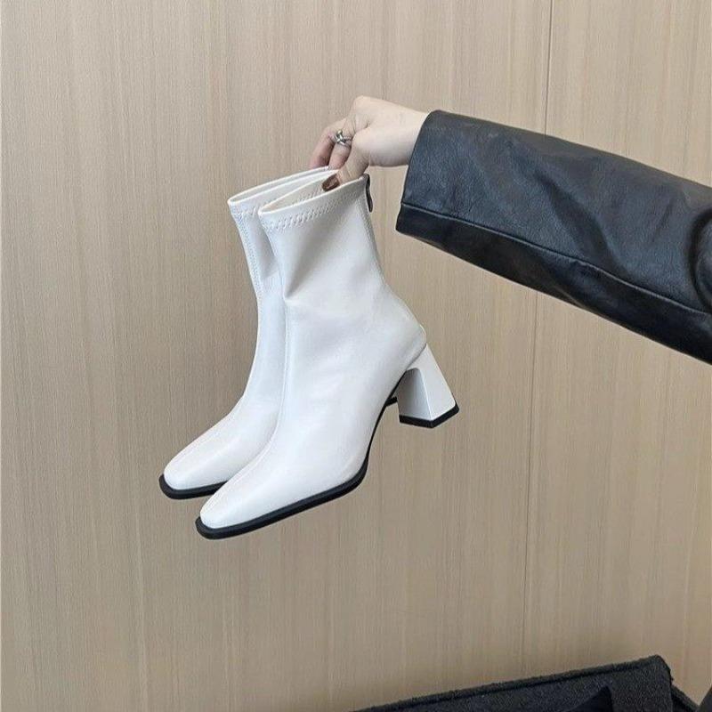 High Heel Skinny Boots Autumn New Square Toe Back Zipper Anti-slip Wear-resistant Block Heel Short Boots