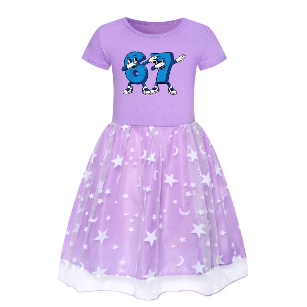 5226 Kids Girls Steal a Brainrot 67 Six Seven Print Mesh Rainbow Round Neck Casual Casual Cotton Dress
