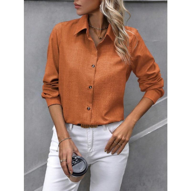 Women S Casual Long Sleeve Turn Down Collar Single Breasted Solid Shirt