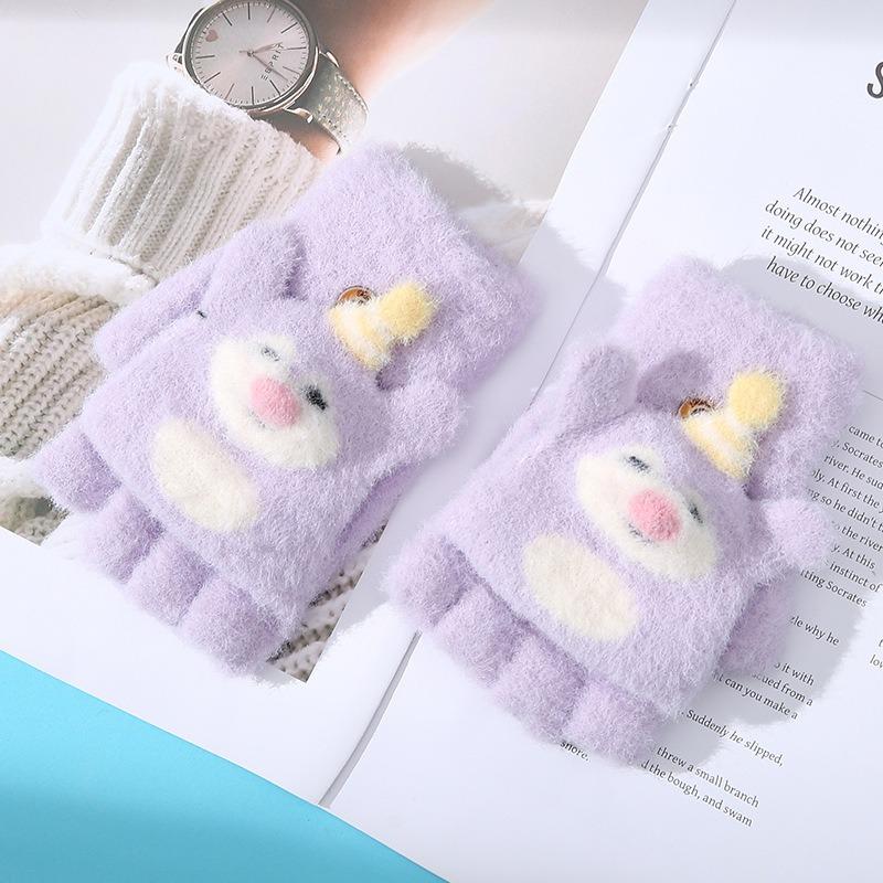 Nouveaux gants thermiques pour enfants raton laveur de dessin animé hiver protection contre le froid épaissis petite fille écriture demi-doigts rabattables cinq doigts
