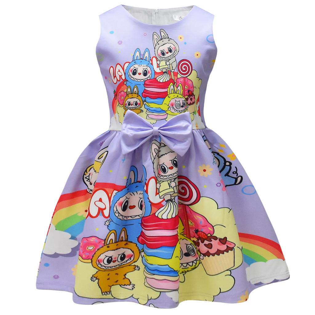 

Детское платье для девочек, аниме, мультяшный принт эльфа, без рукавов, с бантом, повседневное, для вечеринки, принцессы 130cm