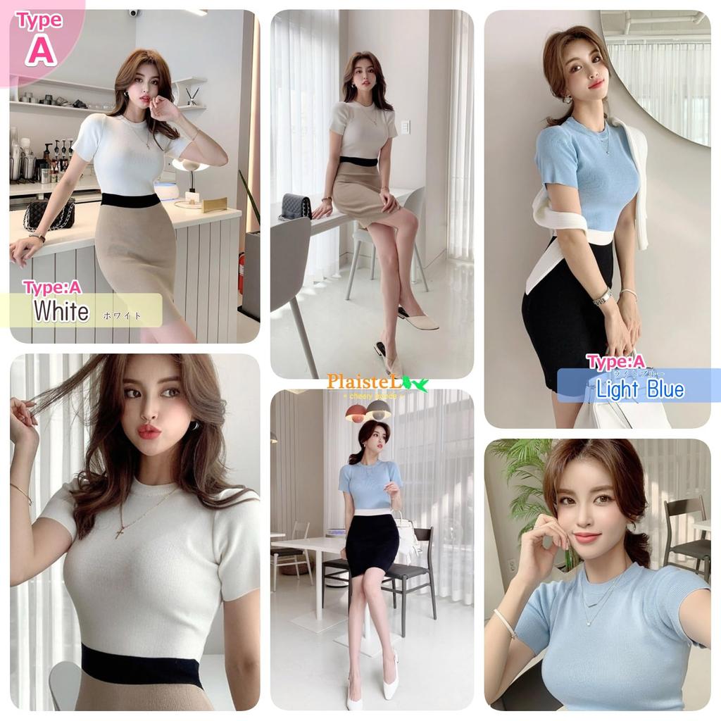 PlaisteL Knit Dress B Short Retro Tight Mini Summer Available In Black and White Women's Knee-Length (Type White), Sleeve, Two-Tone, Two-Color,