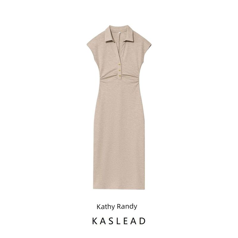 Kaslead New Women clothes Western Style Polo Shirt Collar Sleeveless Slim fit Midi Dress 364415