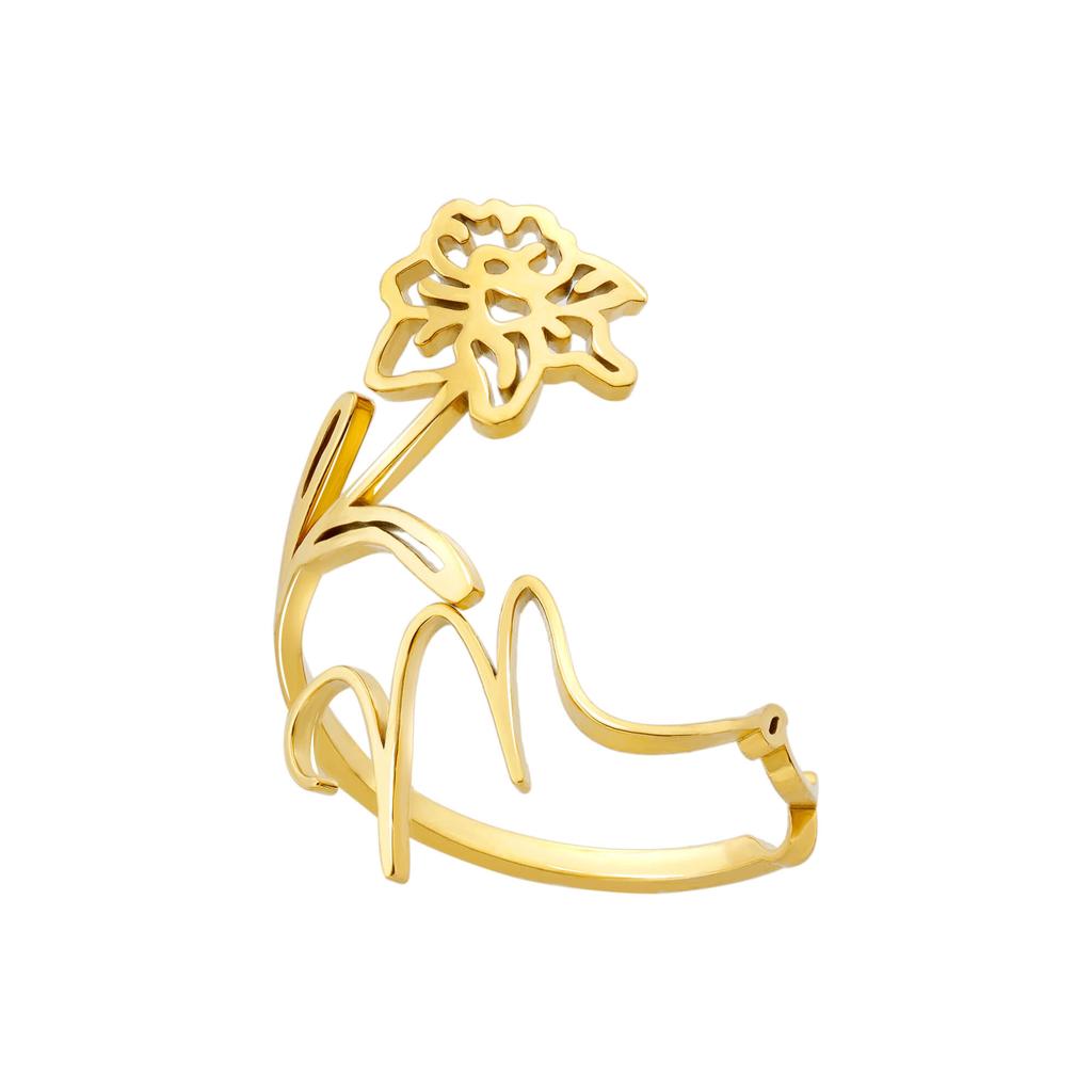 12 Birth Months Flower Stainless Steel Rings for Women Vintage Gold Plated Adjustable Finger Ring Wedding Jewelry Birthday Gift