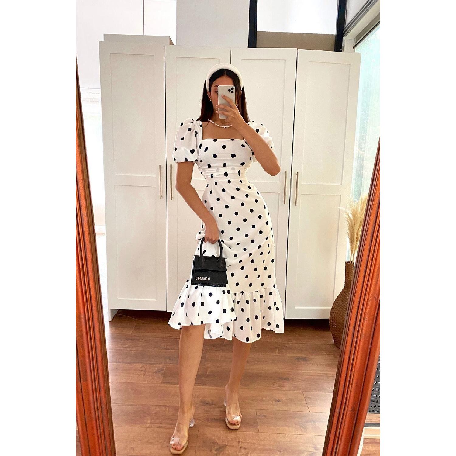 

Платье с объемными рукавами в горошек, белое S белый