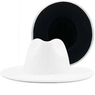Sombreros Fedora de Jazz de fieltro de lana para hombre y mujer, sombreros Fedora de Jazz con hebilla de cinturón fina, ala ancha, sombrero Trilby de Panamá, exterior, blanco, interior y negro, 56-58-60CM