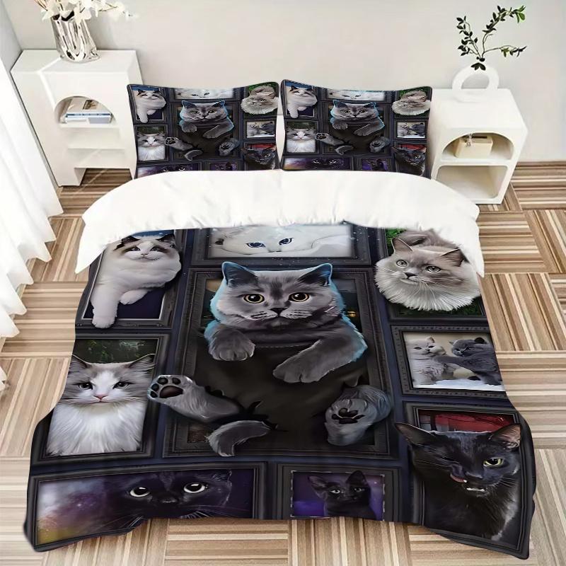 3pcs Cat Collage Bedding Set - Includes Quilt Cover and Pillowcases, Suitable for All Seasons, Machine Washable - Ideal Gift for Family and