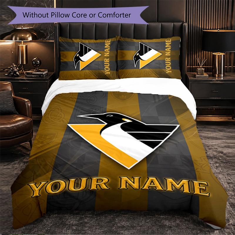 Pittsburgh Penguins Customized Name Text Bedding Set, 1 Duvet Cover & 2 Pillowcases Personalized Bedroom Gift