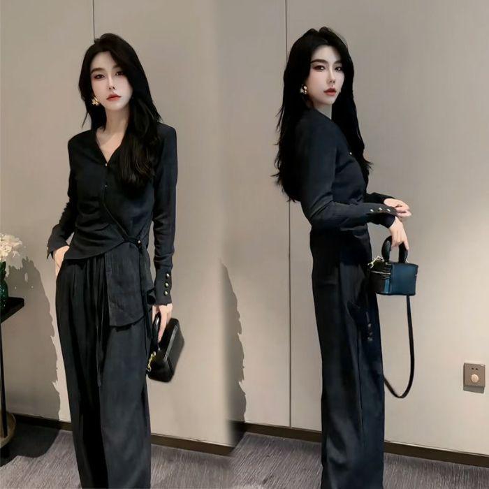 

Модный женский костюм осень 2024: Комплект из двух предметов: нестандартный топ и широкие брюки 2XL (recommended 135-150 jin) чёрный