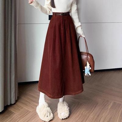 Jupe Midi en Velours côtelé Taille Haute pour Femme - Style Coréen Automne Hiver 2025, Design Plissé Évasé Large