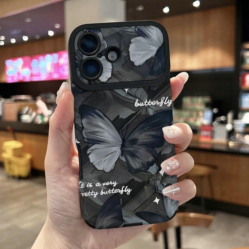 Butterflies Printed Vertical Grain Leather Soft Silicone Phone Case Back Cover with Camera Lens Full Protection for iPhone 17