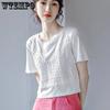 WTEMPO Korean Summer Solid Shirts Women Casual Round Collar Slim Vintage Short Sleeve Pure Cotton Lace Cropped Tops