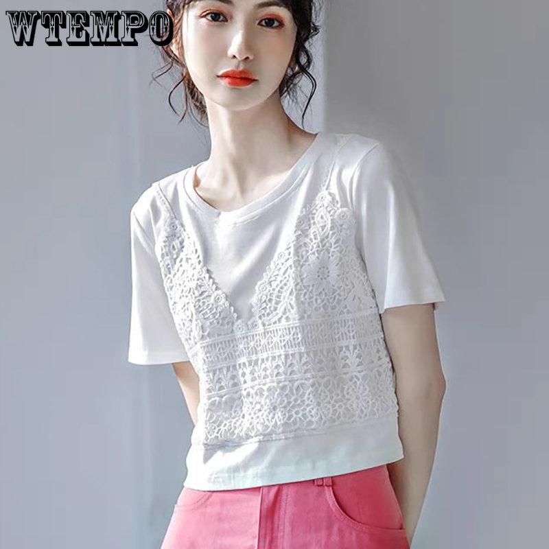 WTEMPO Korean Summer Solid Shirts Women Casual Round Collar Slim Vintage Short Sleeve Pure Cotton Lace Cropped Tops