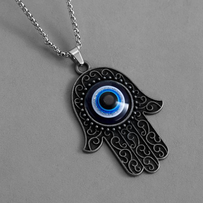 Pendant Devil's Eye Vintage Silver Hand of Fatima Fashion Retro Chain Necklace