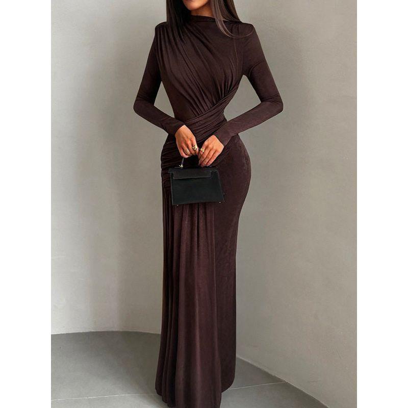 Cross-Border Autumn New Women s Fashion Elegant Style Solid Color Round Neck Asymmetrical Pleated Slim Fit Bodycon Dress for Women Brown S