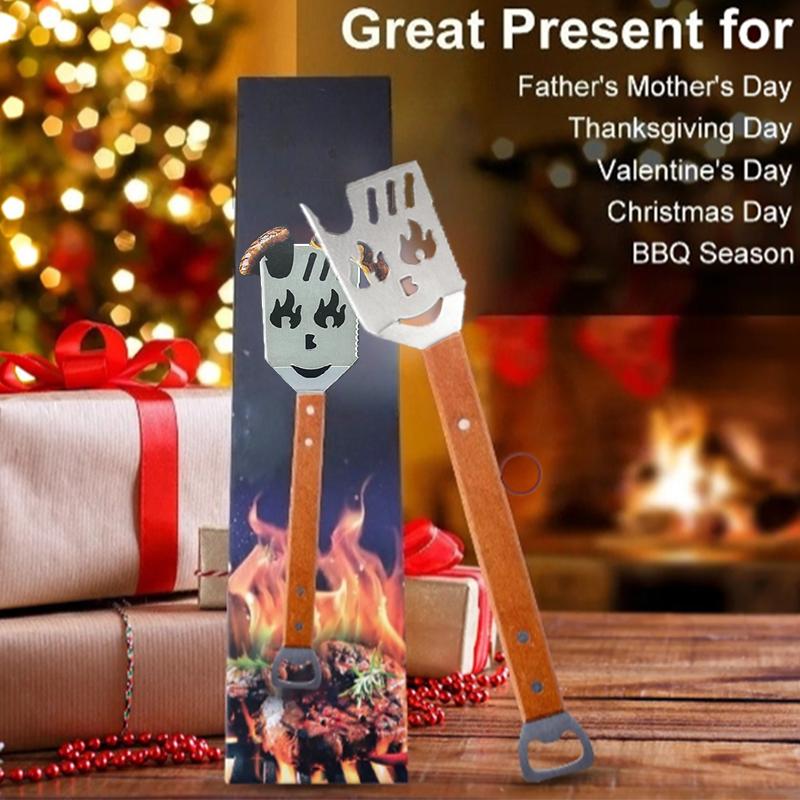 Multi functional creative barbecue shovel with wooden handle, grill spatula with fork knife, bottle opener, kitchen cooking tool