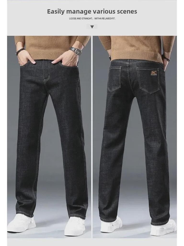 Men's Classic Plus Velvet Jeans - High-End, Stretch, Thick, Warm, and Comfortable for Autumn/Winter Business Leisure Wear.