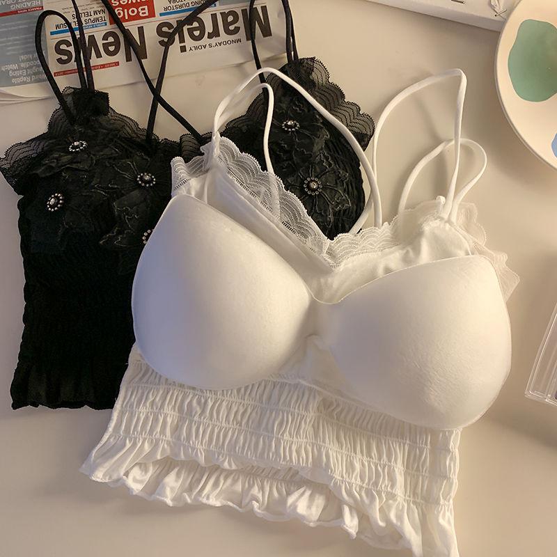 Beaded Cross Beautiful Back Camisole Vest Sexy Outer Wear With Chest Pad Ruched Tube Top Slim Lace Bandeau Underwear For Women