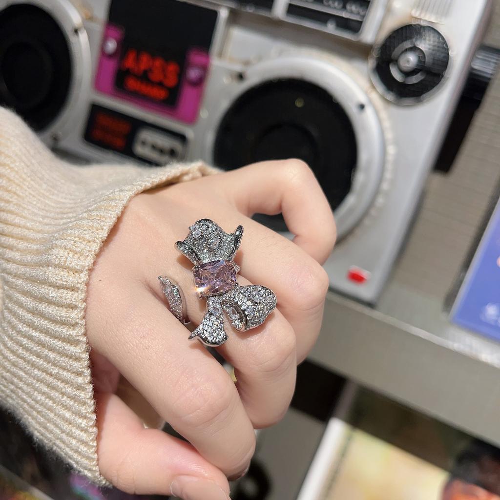 Bright Pink Diamond Colored Treasure Flower Ring Women'S Opening Light Luxury High Sense Design Elegant Temperament