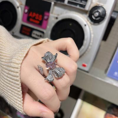 Bright Pink Diamond Colored Treasure Flower Ring Women'S Opening Light Luxury High Sense Design Elegant Temperament