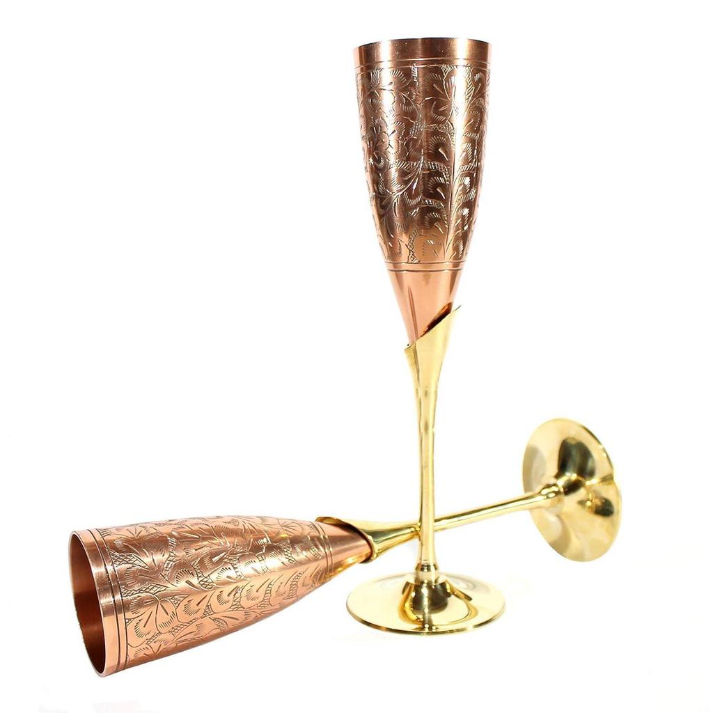 Engraved Copper Plated Brass Wine Goblet Champagne Flutes Coupes Glasses Set of Two - Ideal for Moscow Mule Too (Slender Copper)