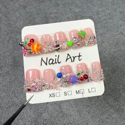 New 10pcs Duckbill Y2k Handmade Nail 10pcs Pink Fake Nails with Rhinestones Metal Cherry Flash for Sweet Cool Girl Gifts