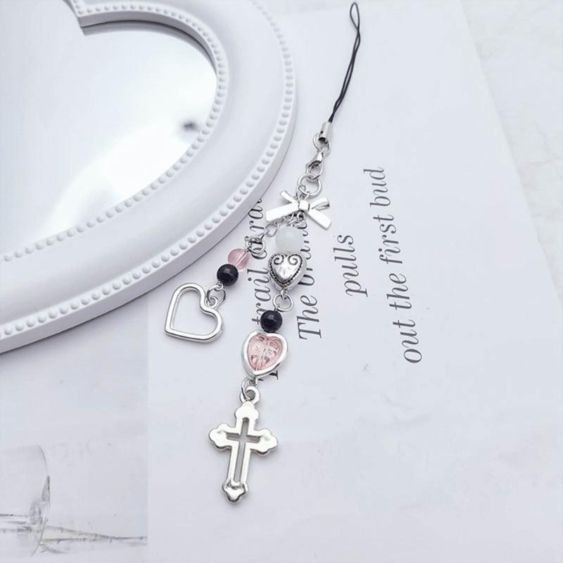Beaded Wrist Strap Cross Pendant Keyring Hollow Heart Bead Wrist Strap Y2k